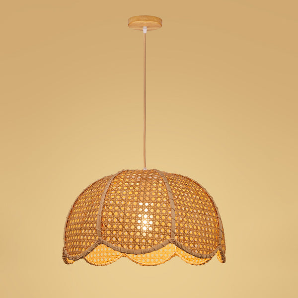 Modern Hand-Woven Rattan Scalloped Pendant Japandi Wavy Dome Light