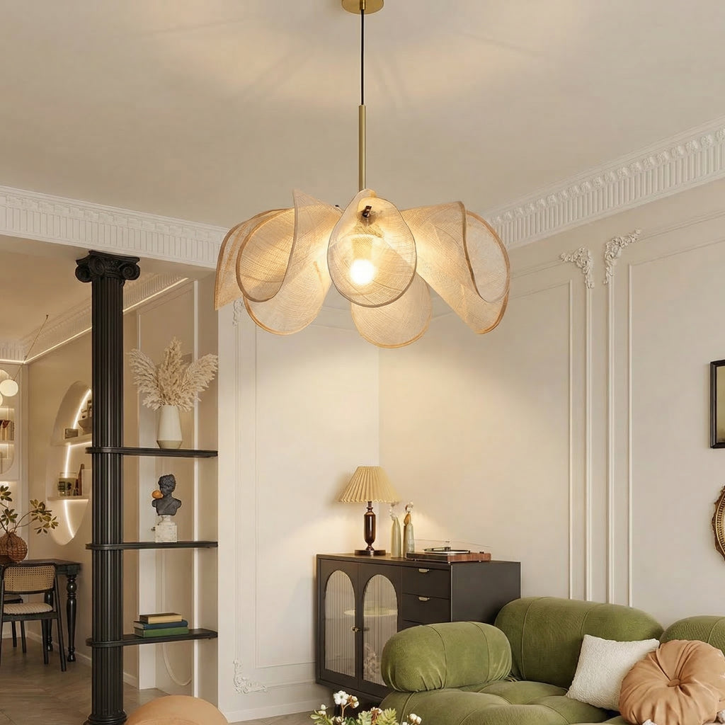 French Petal Linen Pendant Light Floral Fabric Boho Chandelier