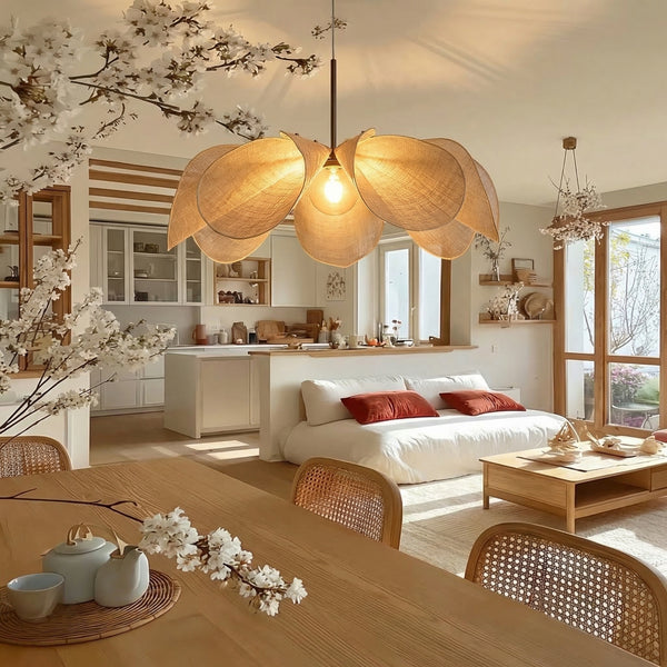 French Petal Linen Pendant Light Floral Fabric Boho Chandelier