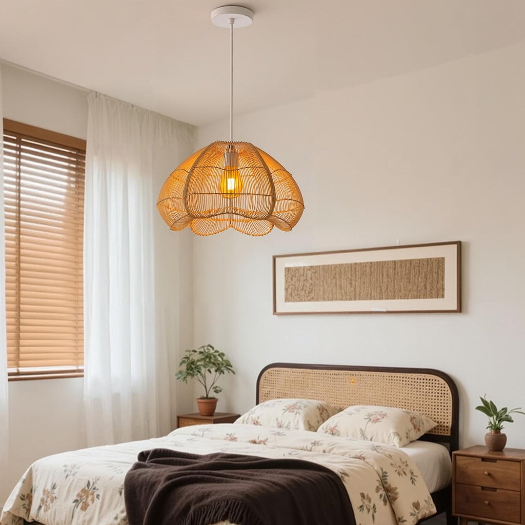 Modern Hand-Woven Rattan Scalloped Pendant Japandi Fluted Dome Light
