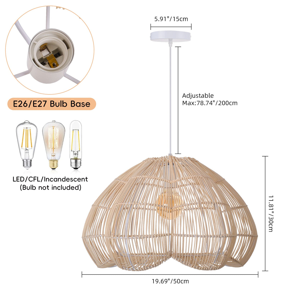 Modern Hand-Woven Rattan Scalloped Pendant Japandi Fluted Dome Light