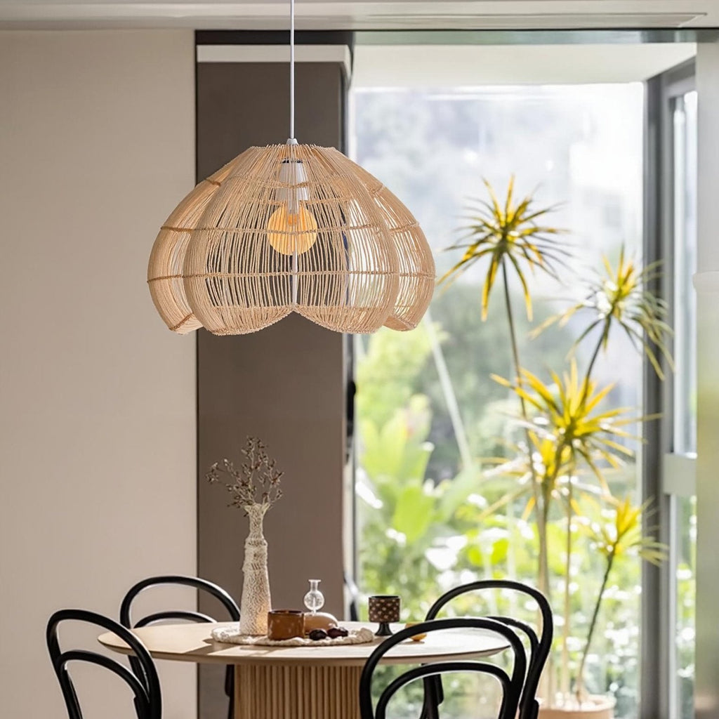Modern Hand-Woven Rattan Scalloped Pendant Japandi Fluted Dome Light