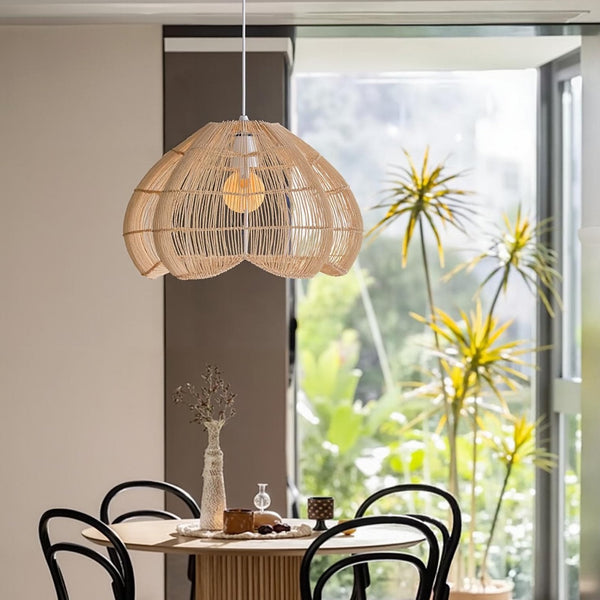 Modern Hand-Woven Rattan Scalloped Pendant Japandi Fluted Dome Light