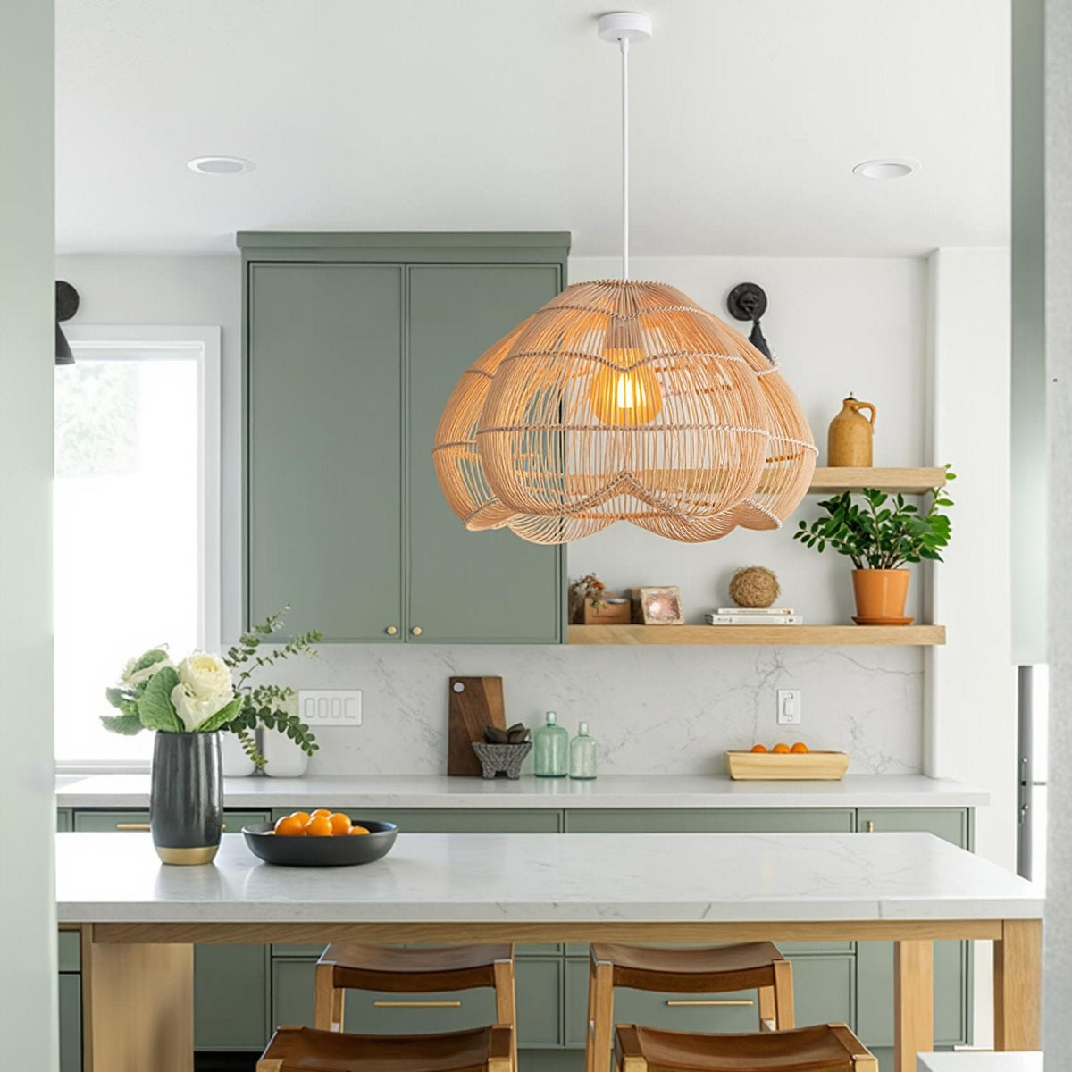 Modern Hand-Woven Rattan Scalloped Pendant Japandi Fluted Dome Light