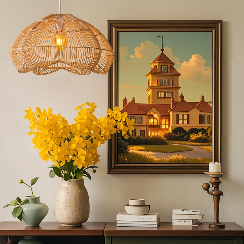 Modern Hand-Woven Rattan Scalloped Pendant Japandi Fluted Dome Light