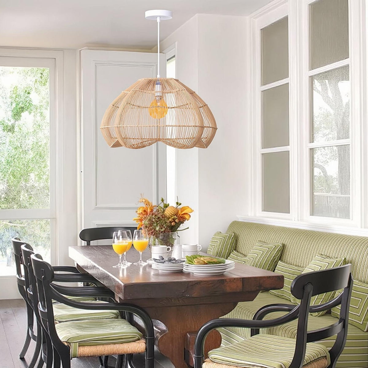 Modern Hand-Woven Rattan Scalloped Pendant Japandi Fluted Dome Light Main image