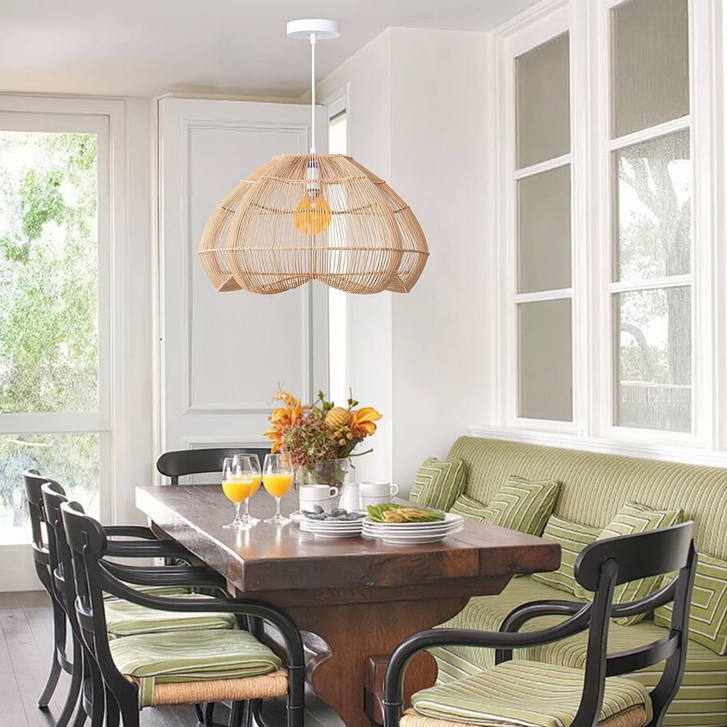 Modern Hand-Woven Rattan Scalloped Pendant Japandi Fluted Dome Light