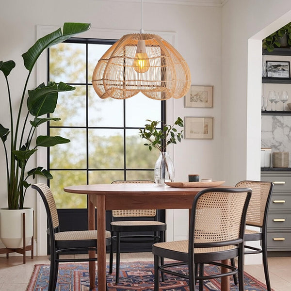 Modern Hand-Woven Rattan Scalloped Pendant Japandi Fluted Dome Light