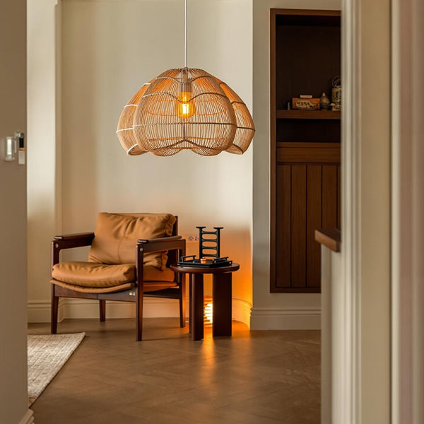 Modern Hand-Woven Rattan Scalloped Pendant Japandi Fluted Dome Light