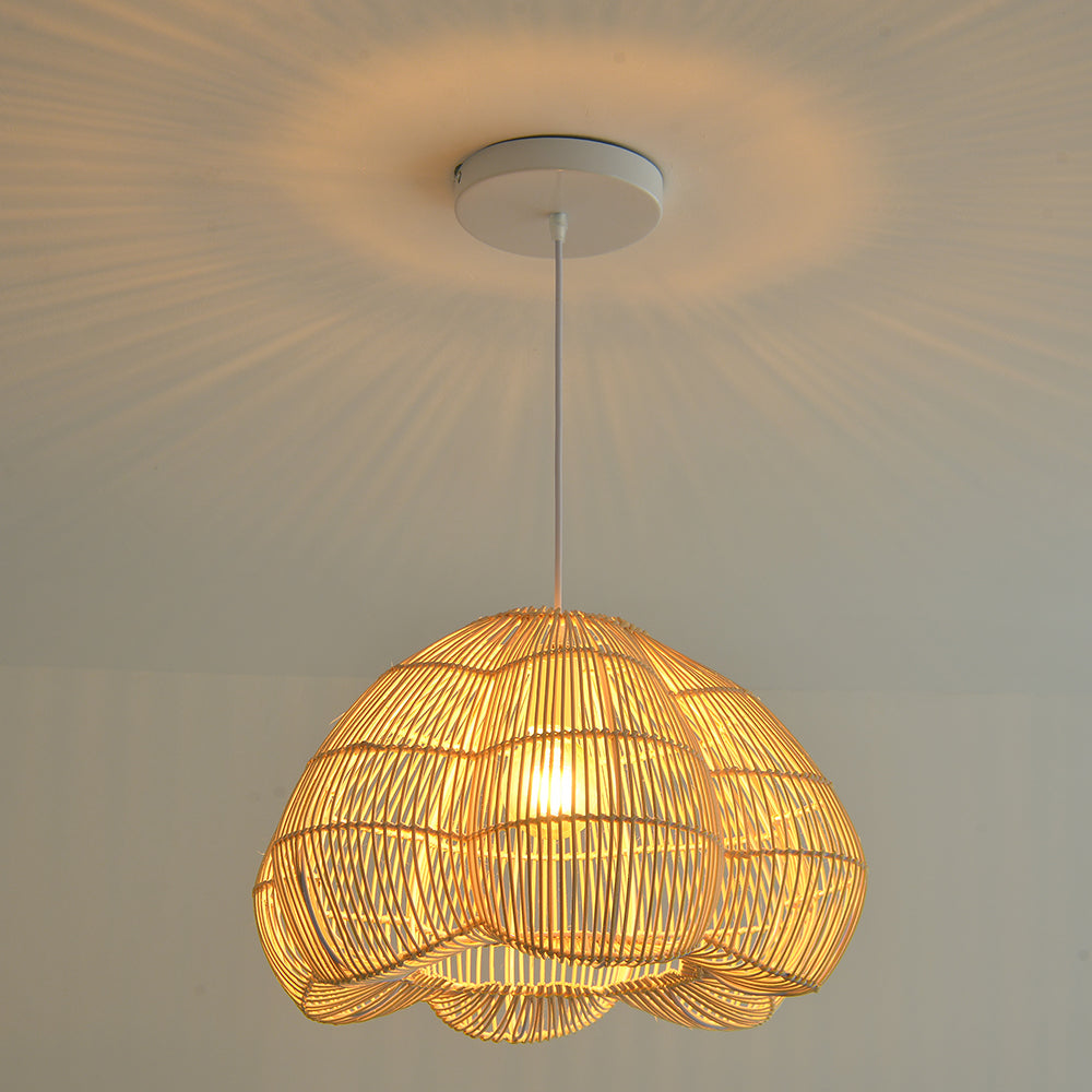 Modern Hand-Woven Rattan Scalloped Pendant Japandi Fluted Dome Light