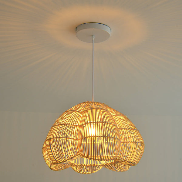 Modern Hand-Woven Rattan Scalloped Pendant Japandi Fluted Dome Light