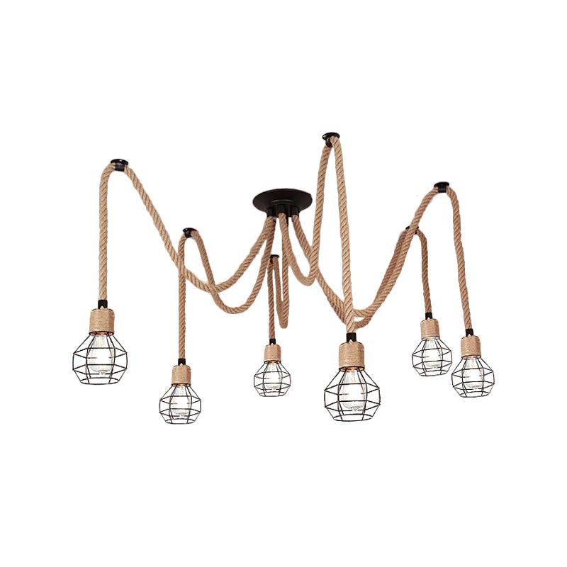 Industrial Hemp Rope Spider Chandelier Multi-Light Cage Pendant
