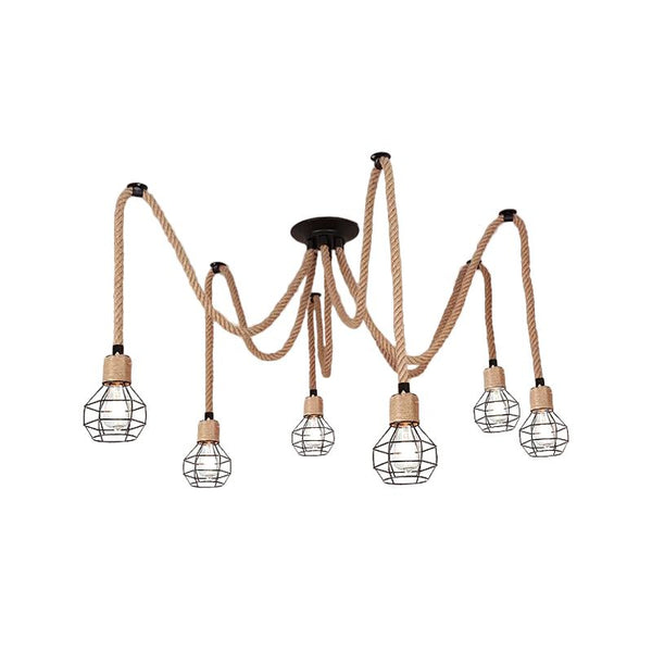 Industrial Hemp Rope Spider Chandelier Multi-Light Cage Pendant