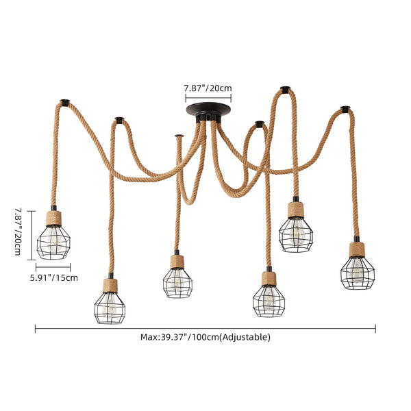 Industrial Hemp Rope Spider Chandelier Multi-Light Cage Pendant
