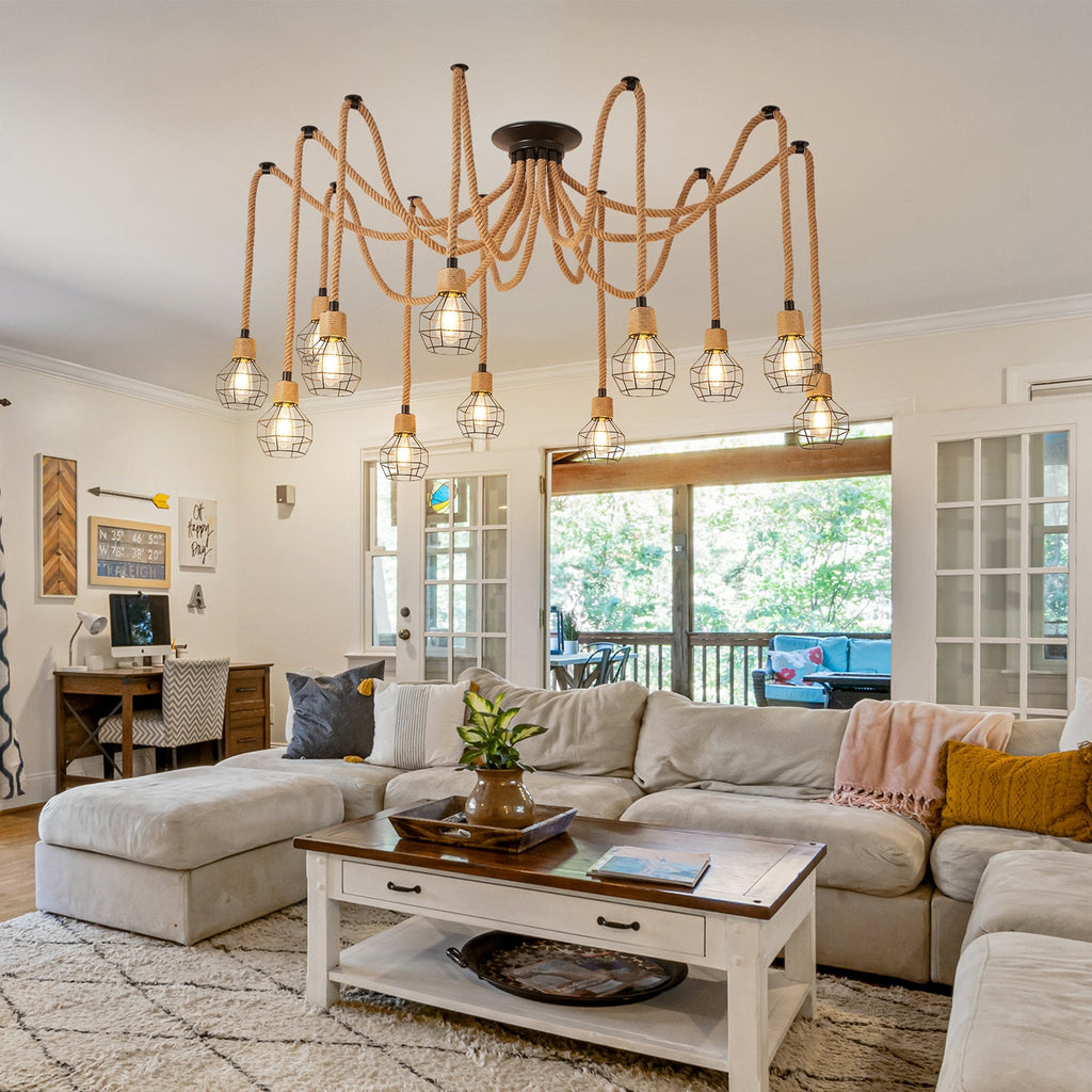 Industrial Hemp Rope Spider Chandelier Multi-Light Cage Pendant