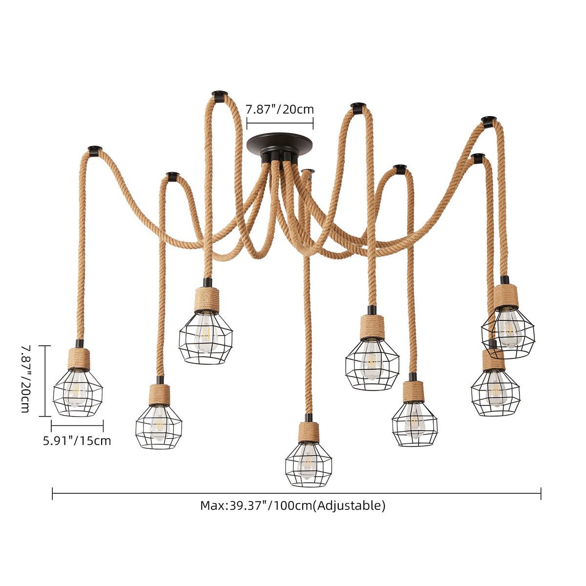 Industrial Hemp Rope Spider Chandelier Multi-Light Cage Pendant