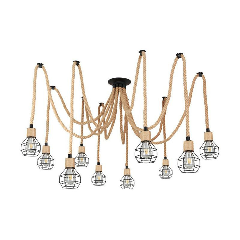 Industrial Hemp Rope Spider Chandelier Multi-Light Cage Pendant