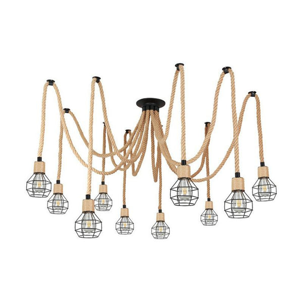 Industrial Hemp Rope Spider Chandelier Multi-Light Cage Pendant