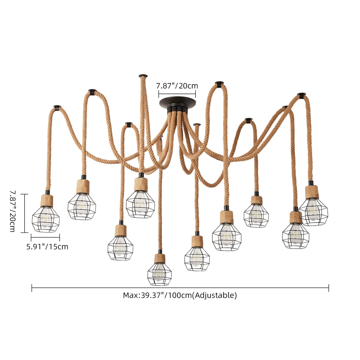 Industrial Hemp Rope Spider Chandelier Multi-Light Cage Pendant