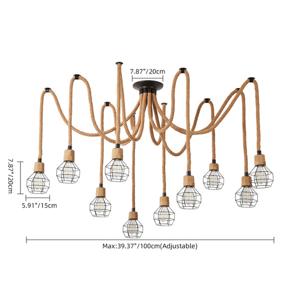 Industrial Hemp Rope Spider Chandelier Multi-Light Cage Pendant