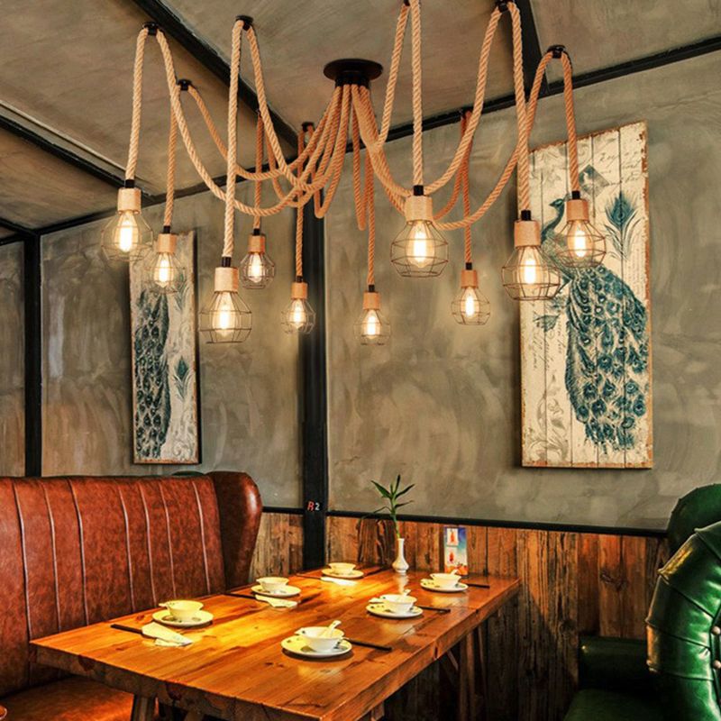Industrial Hemp Rope Spider Chandelier Multi-Light Cage Pendant