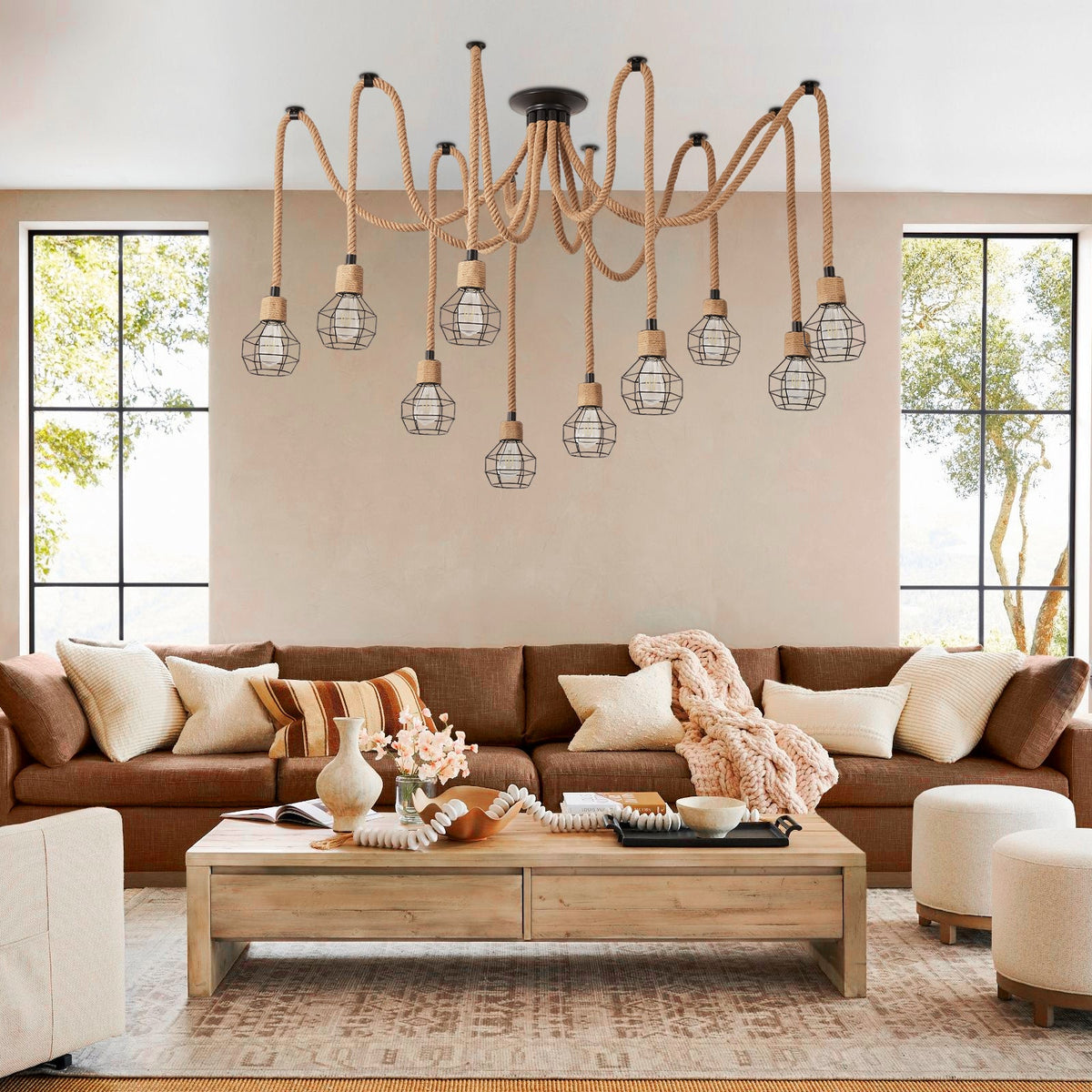 Industrial Hemp Rope Spider Chandelier Multi-Light Cage Pendant