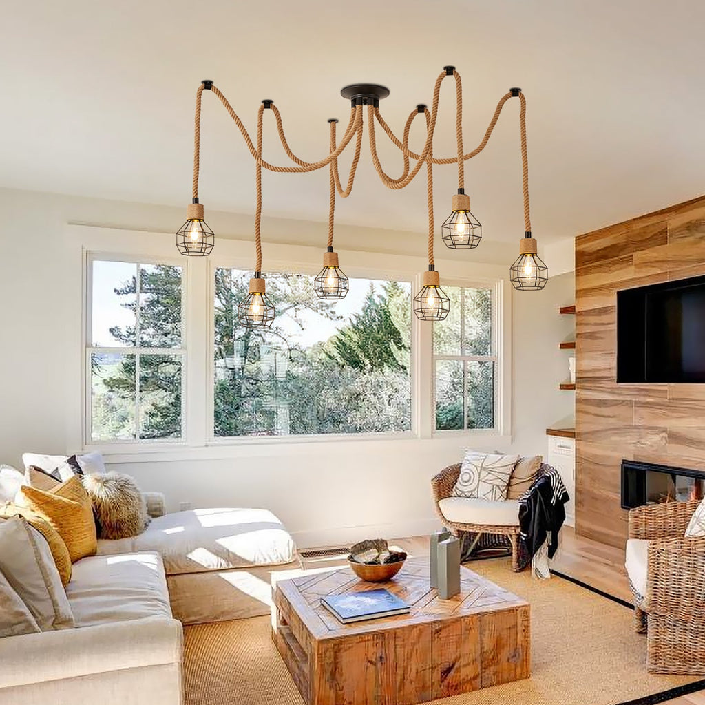 Industrial Hemp Rope Spider Chandelier Multi-Light Cage Pendant