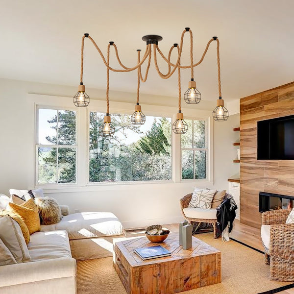 Industrial Hemp Rope Spider Chandelier Multi-Light Cage Pendant
