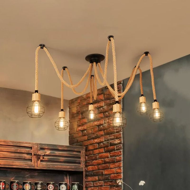Industrial Hemp Rope Spider Chandelier Multi-Light Cage Pendant