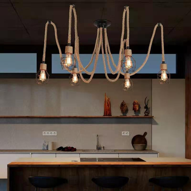 Industrial Hemp Rope Spider Chandelier Multi-Light Cage Pendant Secondary image