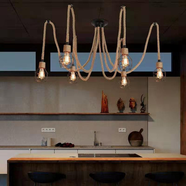 Industrial Hemp Rope Spider Chandelier Multi-Light Cage Pendant