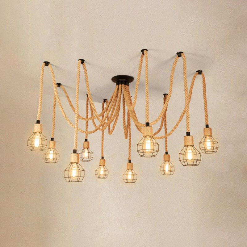 Industrial Hemp Rope Spider Chandelier Multi-Light Cage Pendant