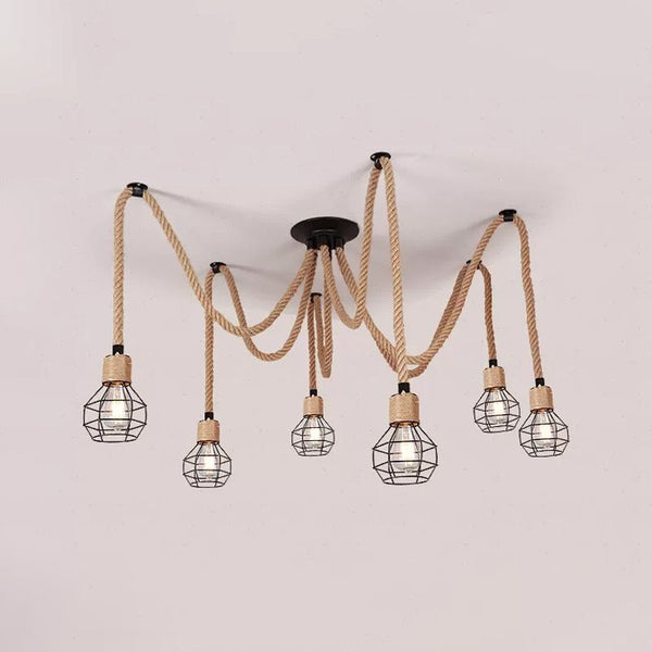 Industrial Hemp Rope Spider Chandelier Multi-Light Cage Pendant