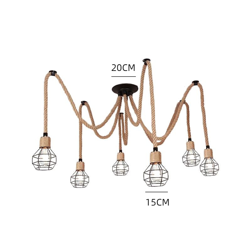 Industrial Hemp Rope Spider Chandelier Multi-Light Cage Pendant
