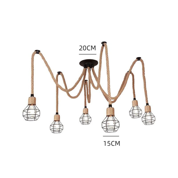 Industrial Hemp Rope Spider Chandelier Multi-Light Cage Pendant