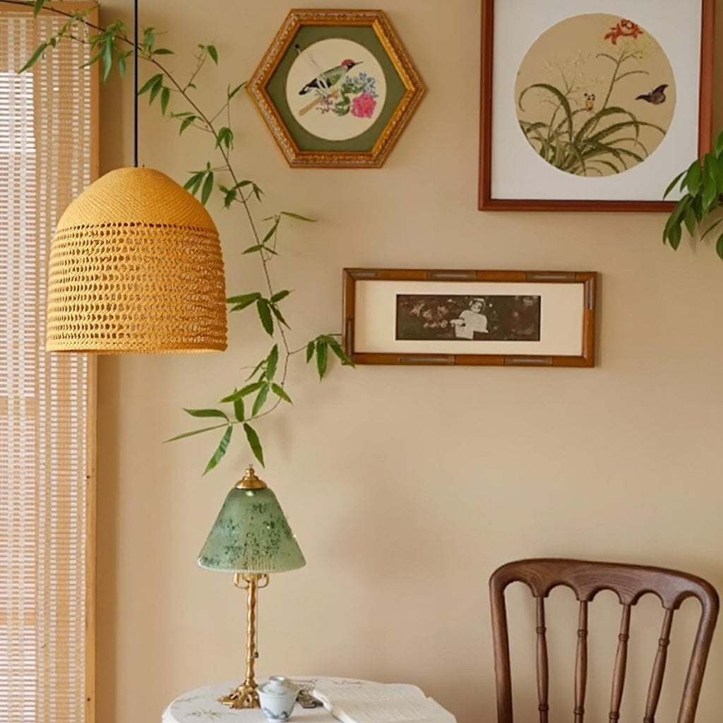 Handwoven Natural Rattan Pendant Light Farmhouse Kitchen Island Lamp