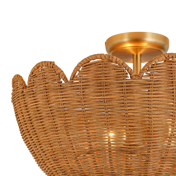 2-Light Scalloped Tulip Woven Basket Semi-Flush Mount