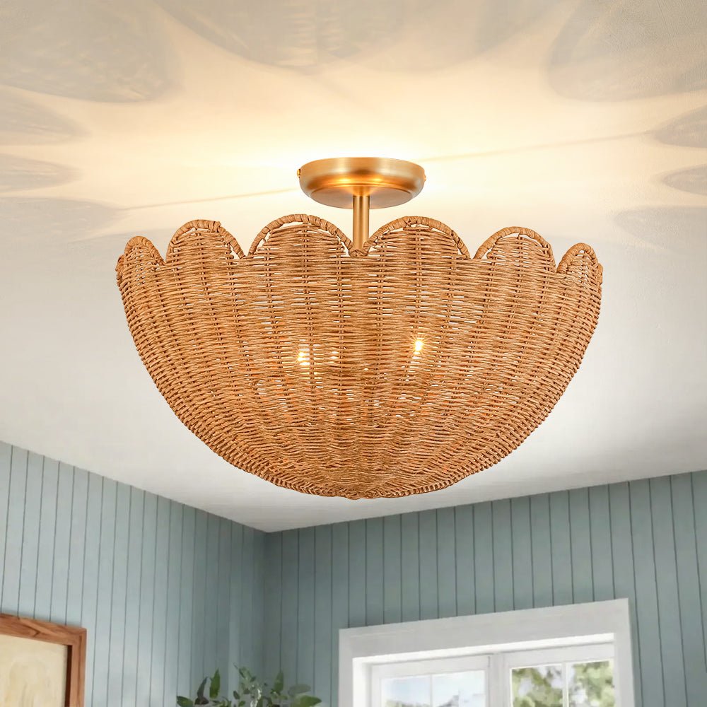 2-Light Scalloped Tulip Woven Basket Semi-Flush Mount