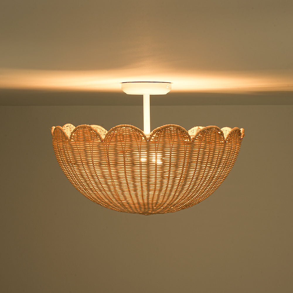 2-Light Scalloped Tulip Woven Basket Semi-Flush Mount
