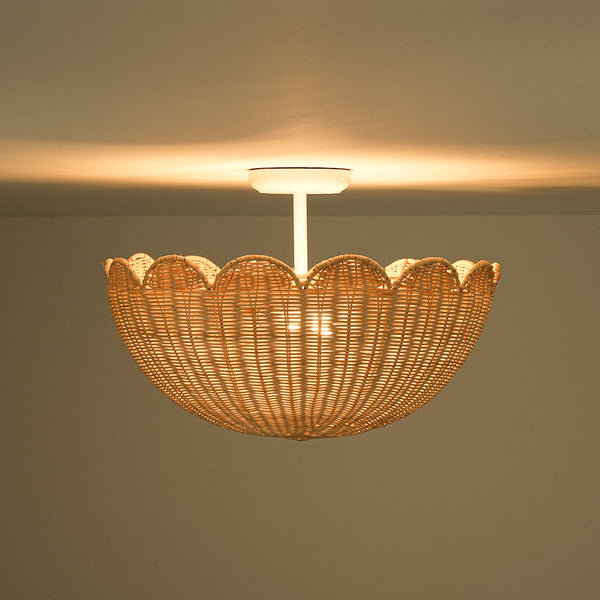 2-Light Scalloped Tulip Woven Basket Semi-Flush Mount