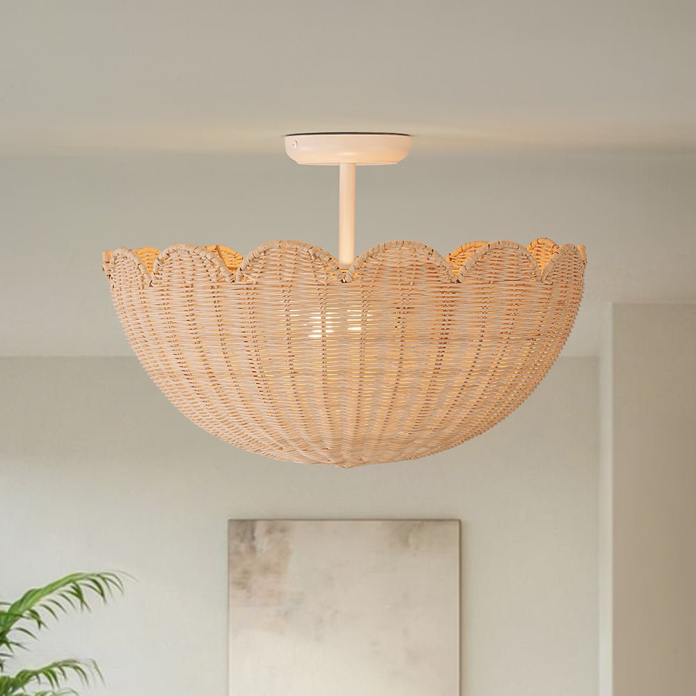 2-Light Scalloped Tulip Woven Basket Semi-Flush Mount