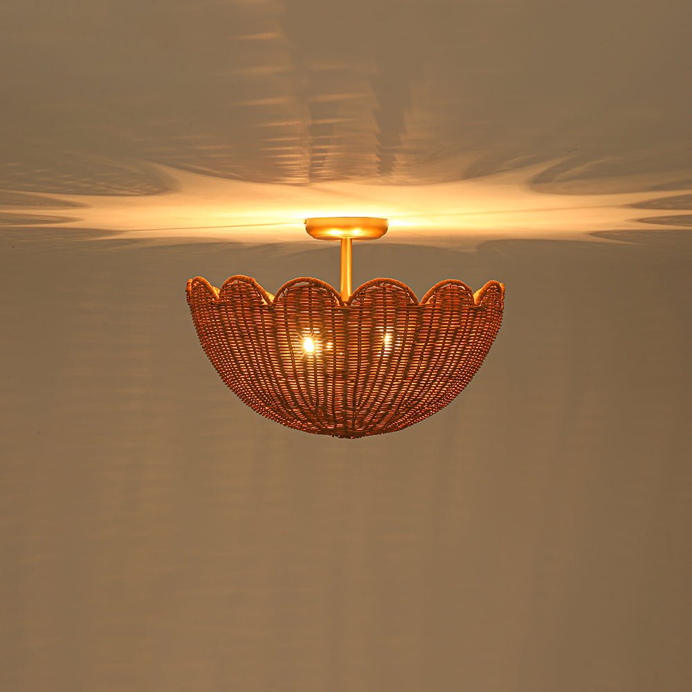 2-Light Scalloped Tulip Woven Basket Semi-Flush Mount