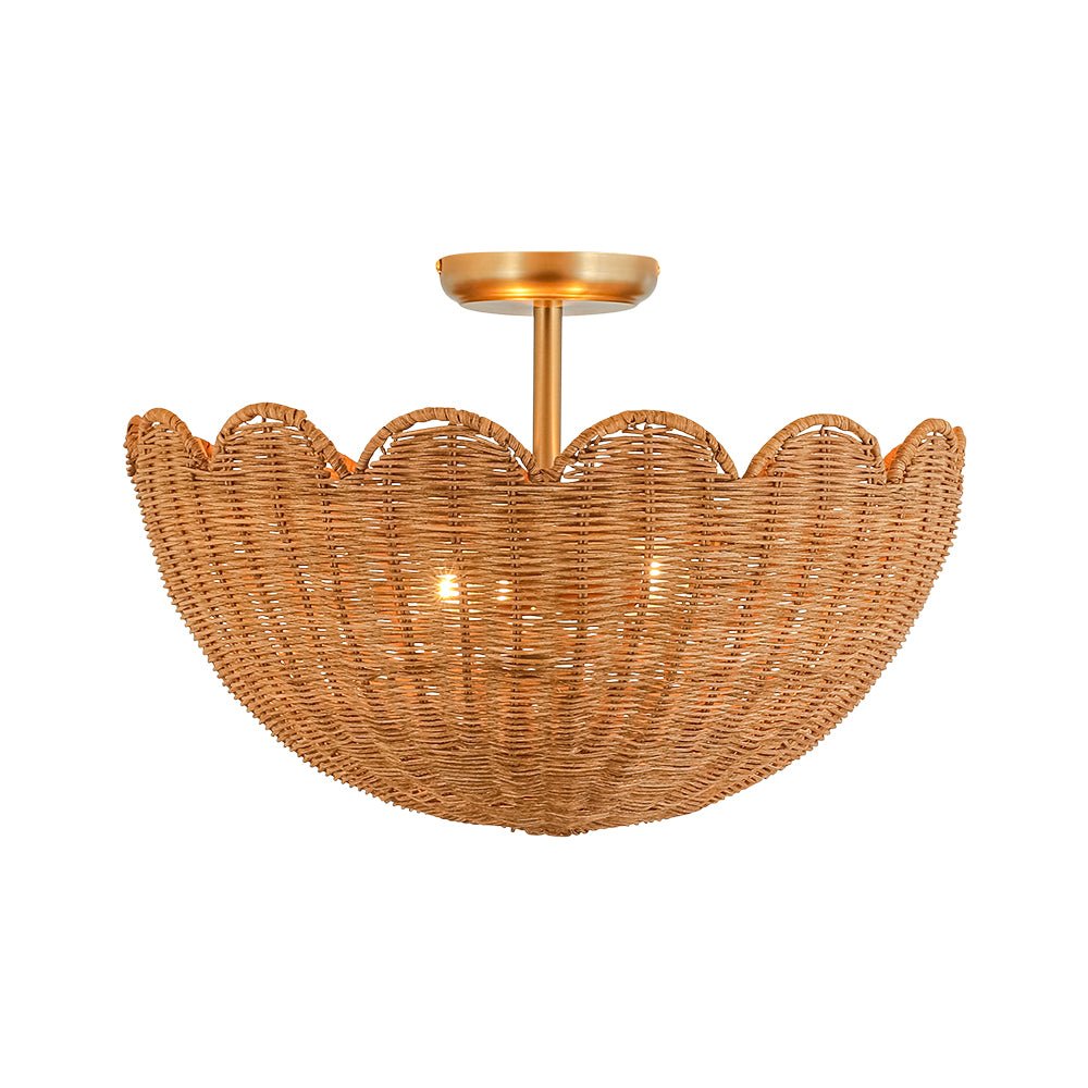 2-Light Scalloped Tulip Woven Basket Semi-Flush Mount