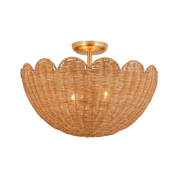 2-Light Scalloped Tulip Woven Basket Semi-Flush Mount