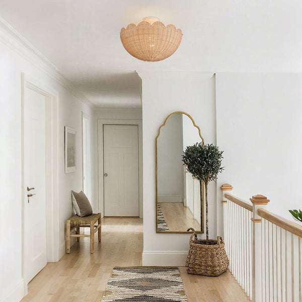 2-Light Scalloped Tulip Woven Basket Semi-Flush Mount