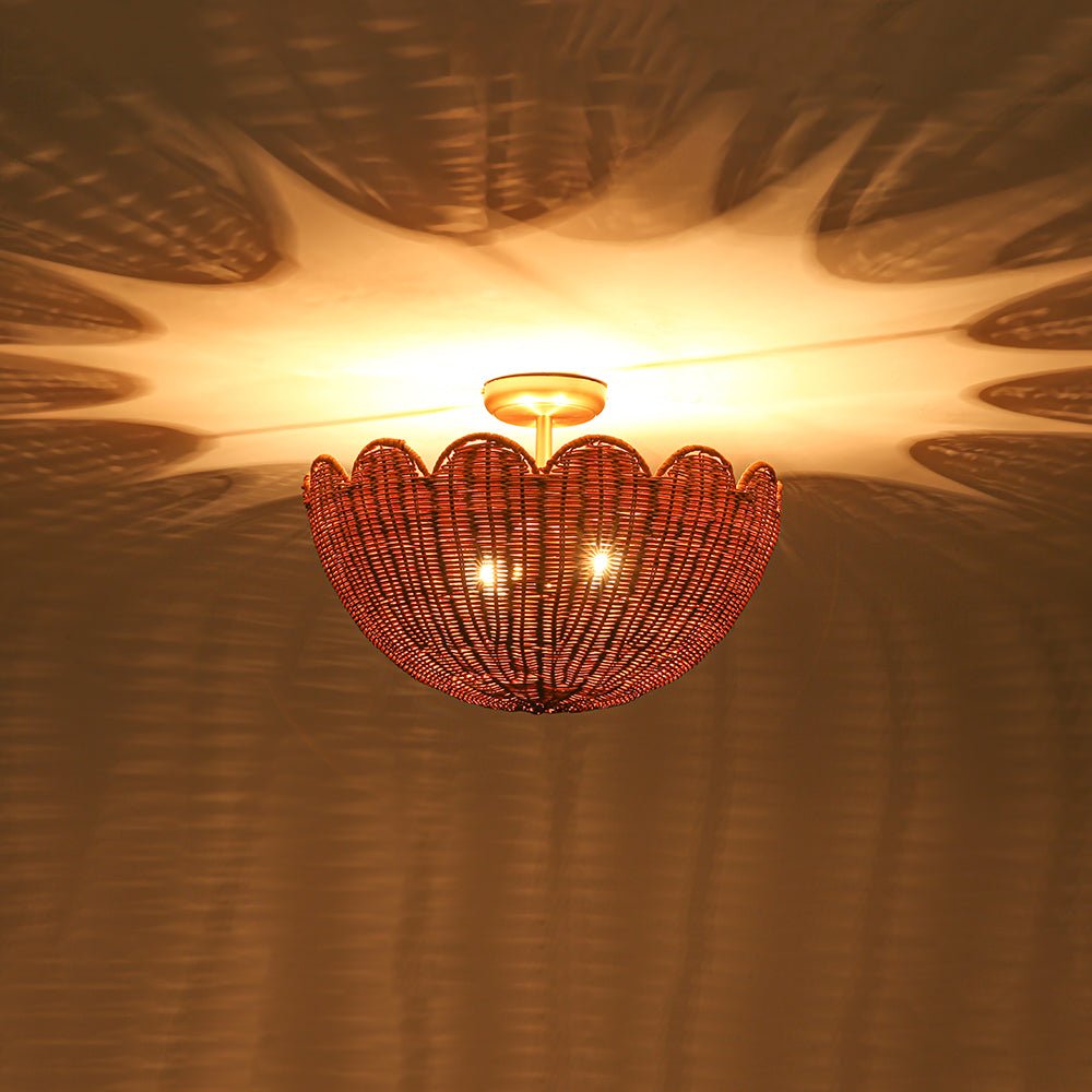 2-Light Scalloped Tulip Woven Basket Semi-Flush Mount