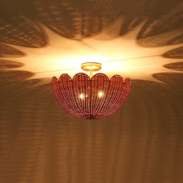 2-Light Scalloped Tulip Woven Basket Semi-Flush Mount