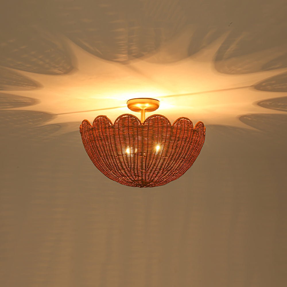 2-Light Scalloped Tulip Woven Basket Semi-Flush Mount