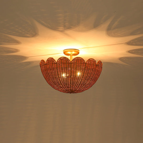 2-Light Scalloped Tulip Woven Basket Semi-Flush Mount