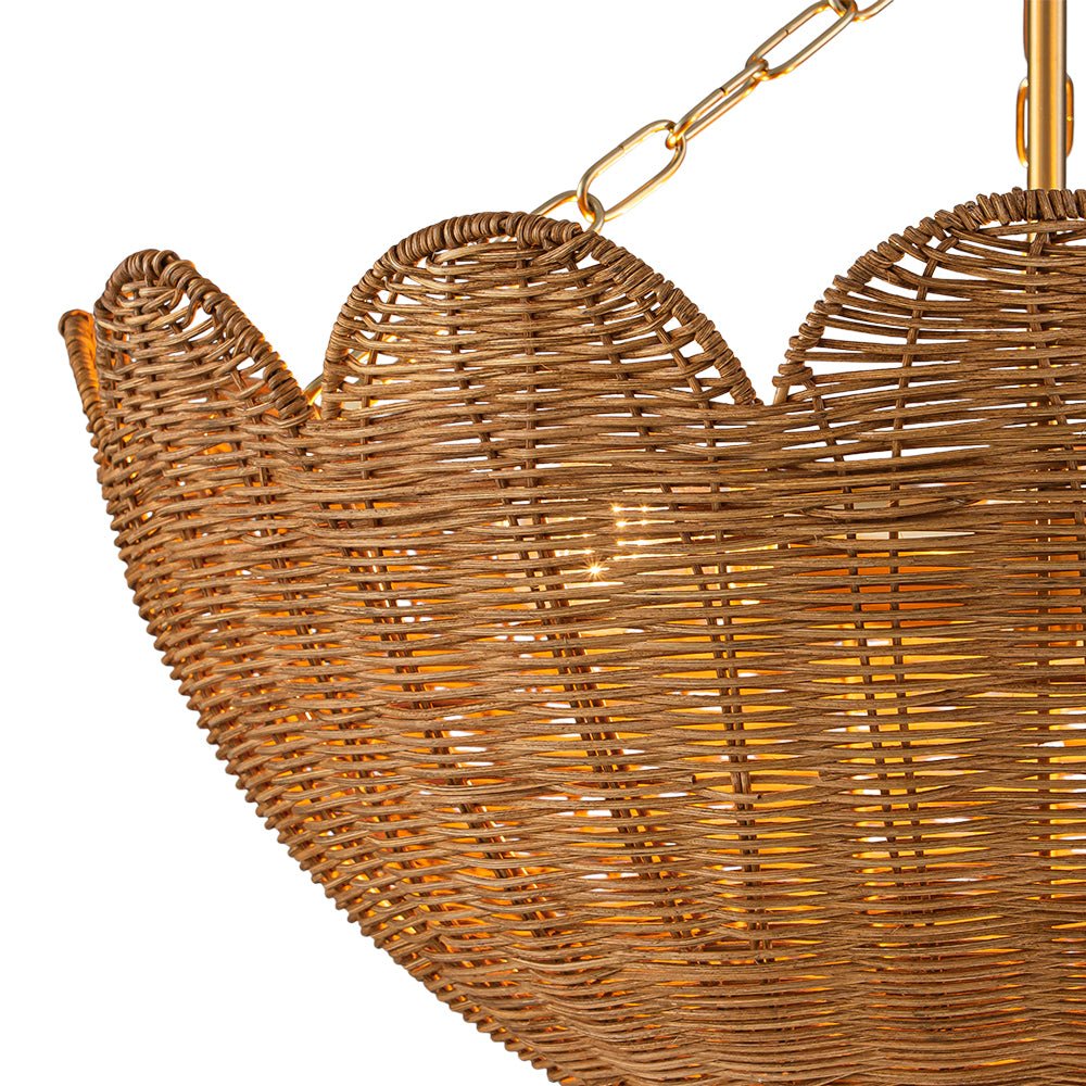 3-Light Scalloped Hand-Woven Rattan Floral Basket Semi-Flush Mount